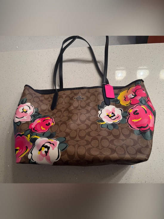 Coach Handbags - Coach Brown Logo Tote with Pink and Yellow Floral Print
